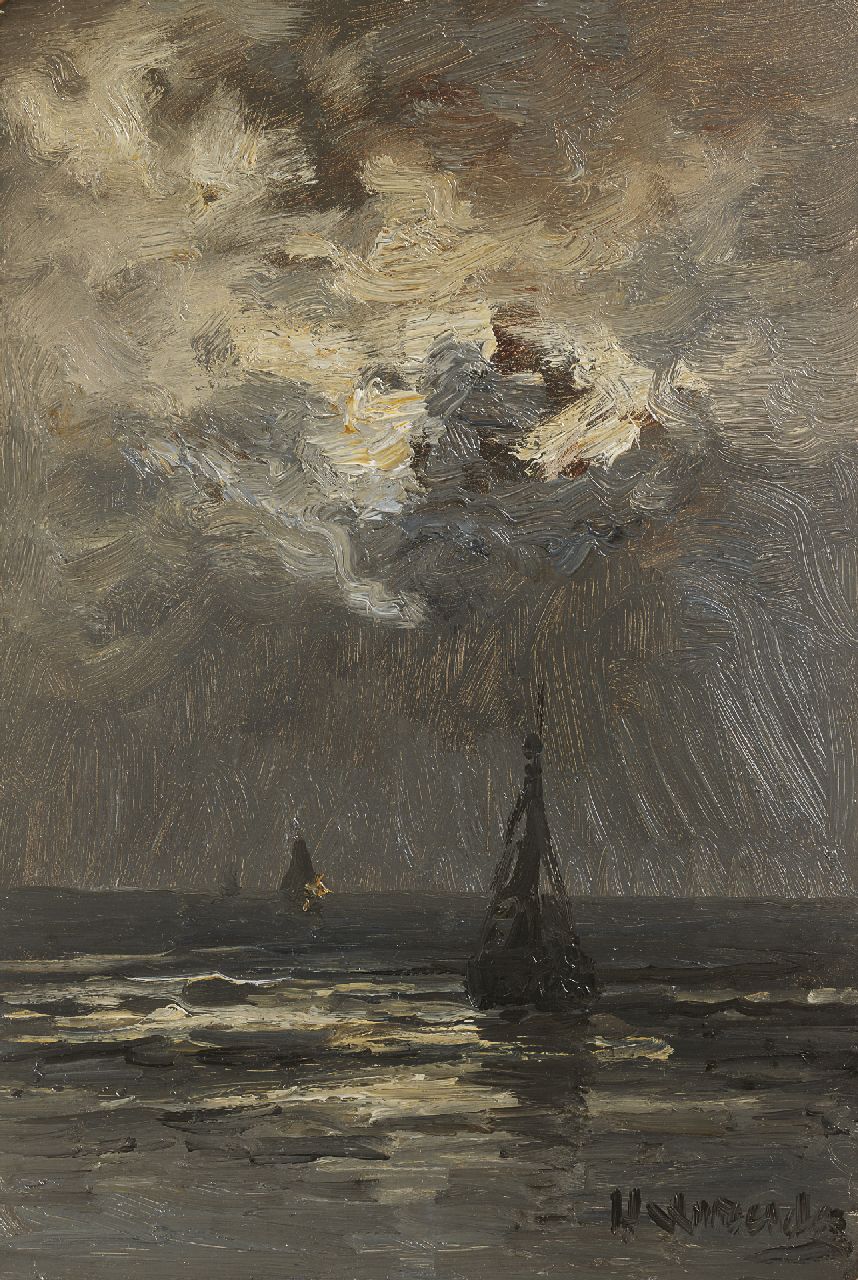 Mesdag H.W.  | Hendrik Willem Mesdag, Bomschuiten op kalme zee bij maanlicht, olieverf op paneel 35,0 x 23,5 cm, gesigneerd rechtsonder en te dateren ca. 1895
