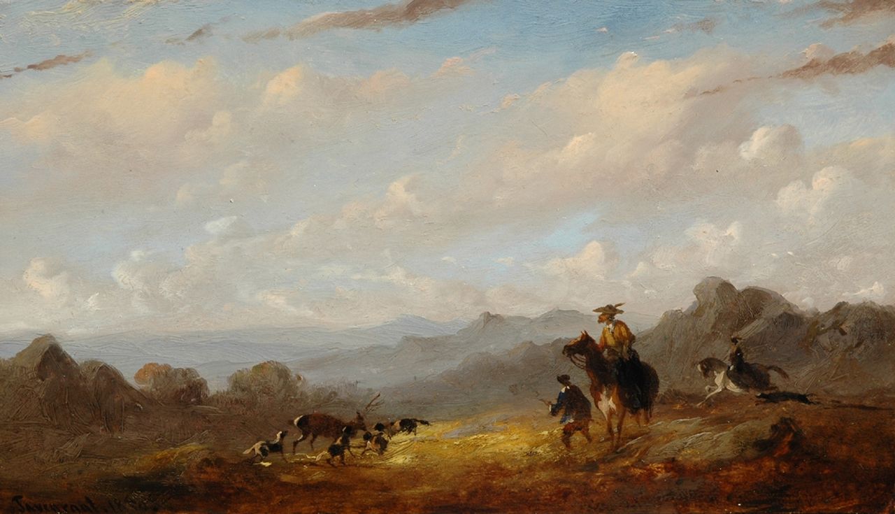Tavenraat J.  | Johannes Tavenraat, Hertenjacht in weids heuvellandschap, olieverf op paneel 14,1 x 24,6 cm, gesigneerd linksonder en gedateerd 1850