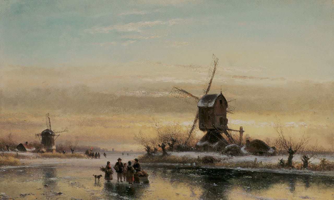 Kleijn L.J.  | Lodewijk Johannes Kleijn, Houtsprokkelaars en schaatsers op het ijs bij een molen (alleen tezamen met 15220), olieverf op paneel 33,7 x 52,1 cm, gesigneerd linksonder