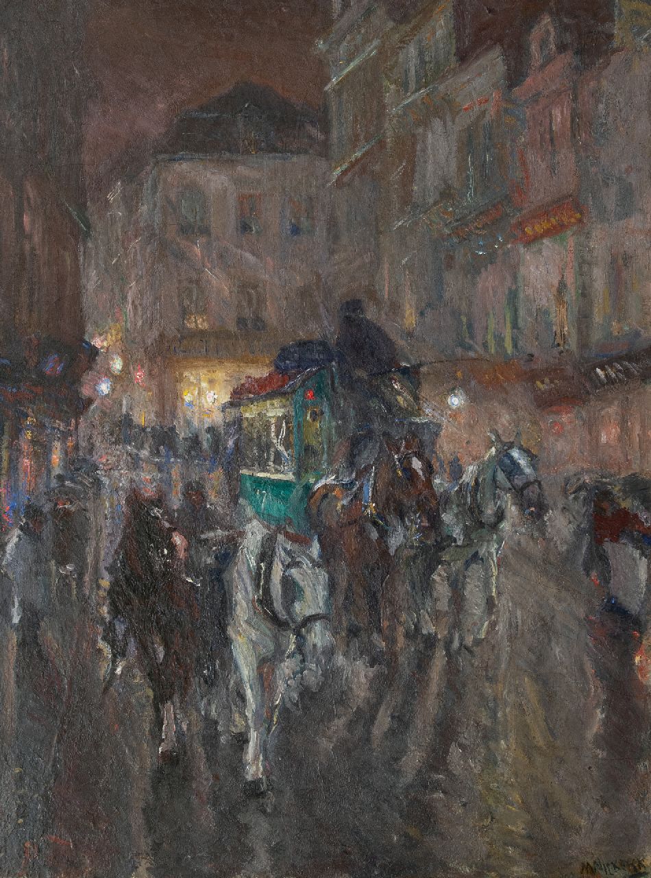 Niekerk M.J.  | 'Maurits' Joseph Niekerk | Schilderijen te koop aangeboden | Omnibus in de stad bij avond, olieverf op doek 115,5 x 85,3 cm, gesigneerd rechtsonder en gedateerd 1919