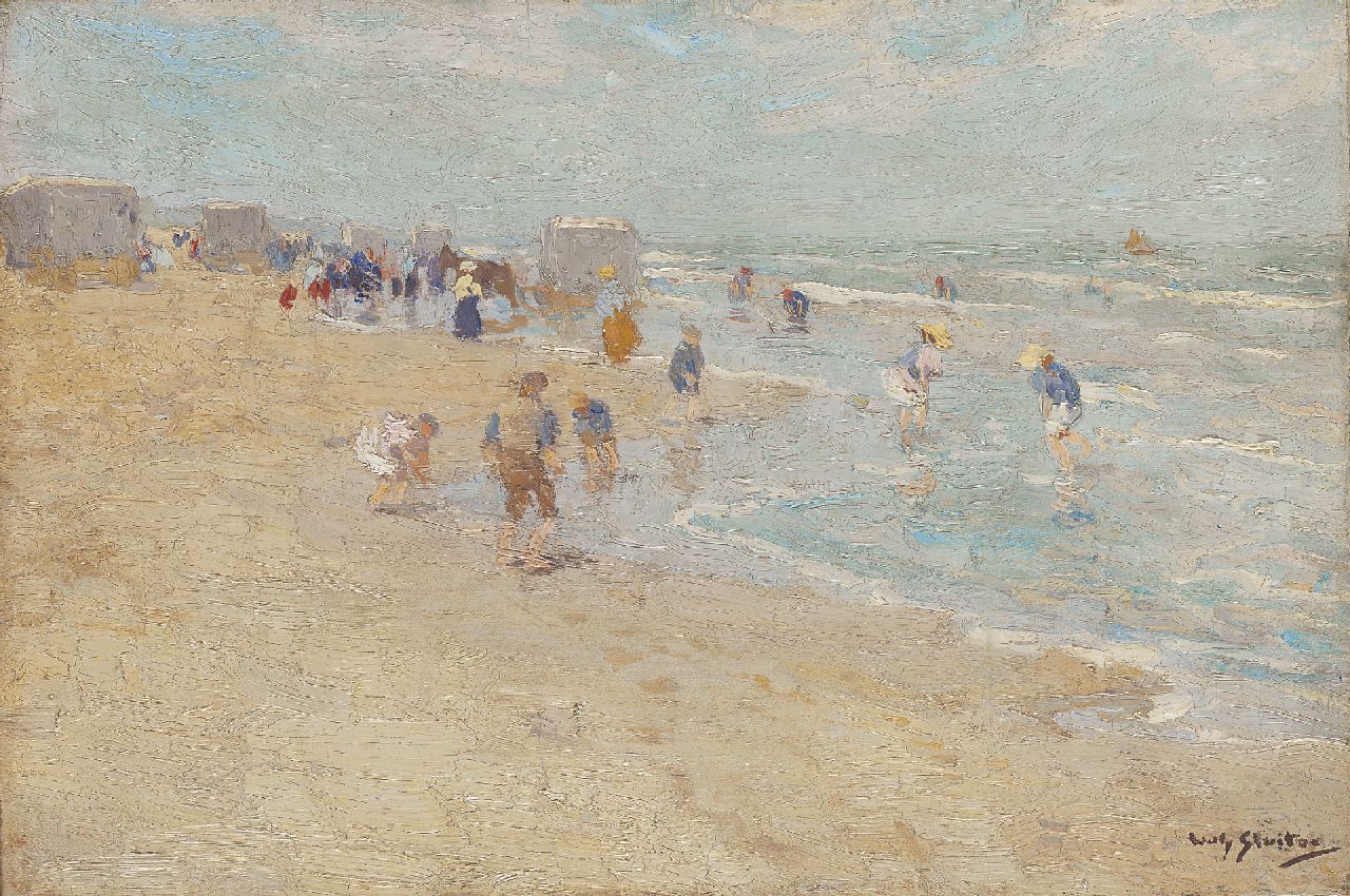 Sluiter J.W.  | Jan Willem 'Willy' Sluiter, Pootje baden op het strand van Scheveningen, olieverf op doek 30,9 x 45,9 cm, gesigneerd rechtsonder