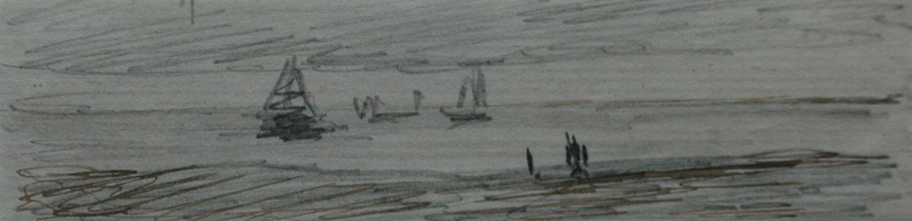 Mesdag H.W.  | Hendrik Willem Mesdag, Vissersschepen op de Noordzee, potlood, pen in zwarte inkt op papier 2,5 x 12,3 cm