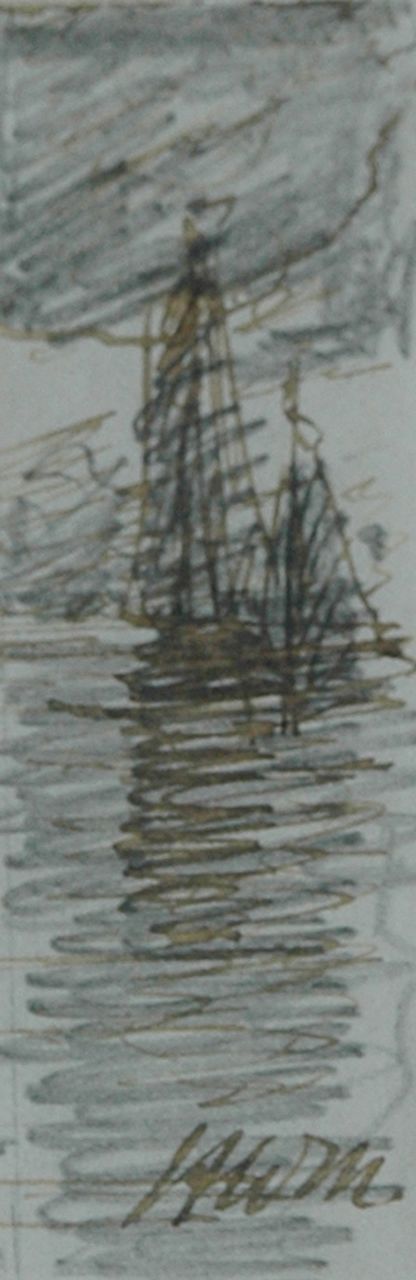 Mesdag H.W.  | Hendrik Willem Mesdag, Avondstemming (pendant van 10946), potlood, pen in zwarte inkt op papier 7,7 x 2,5 cm, gesigneerd rechtsonder met initialen