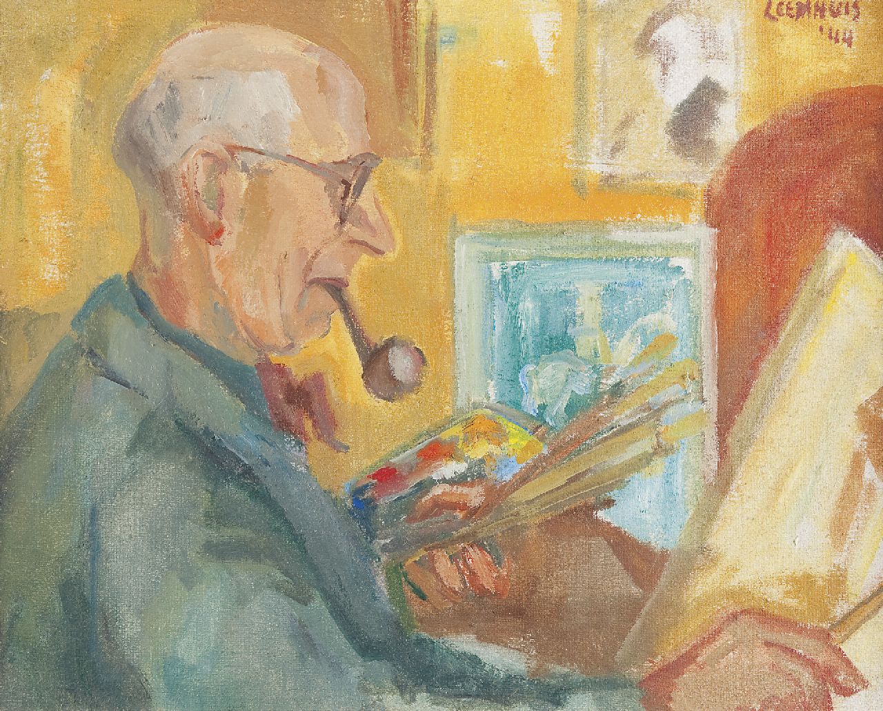 Leemhuis W.H.  | Wiert Hendrik 'Hein' Leemhuis, Portret van Jan Altink in het atelier, wasverf op doek 50,3 x 62,2 cm, gesigneerd rechtsboven en gedateerd '44