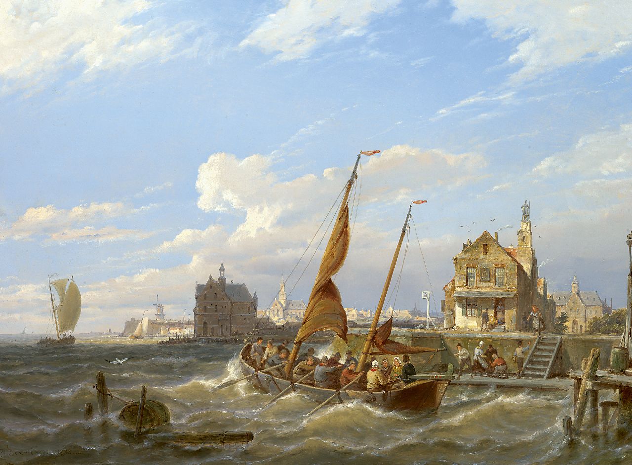 Dommershuijzen P.C.  | Pieter Cornelis Dommershuijzen, Vertrekkende veerboot bij ruw weer, olieverf op paneel 42,5 x 61,3 cm, gesigneerd linksonder en gedateerd 1888