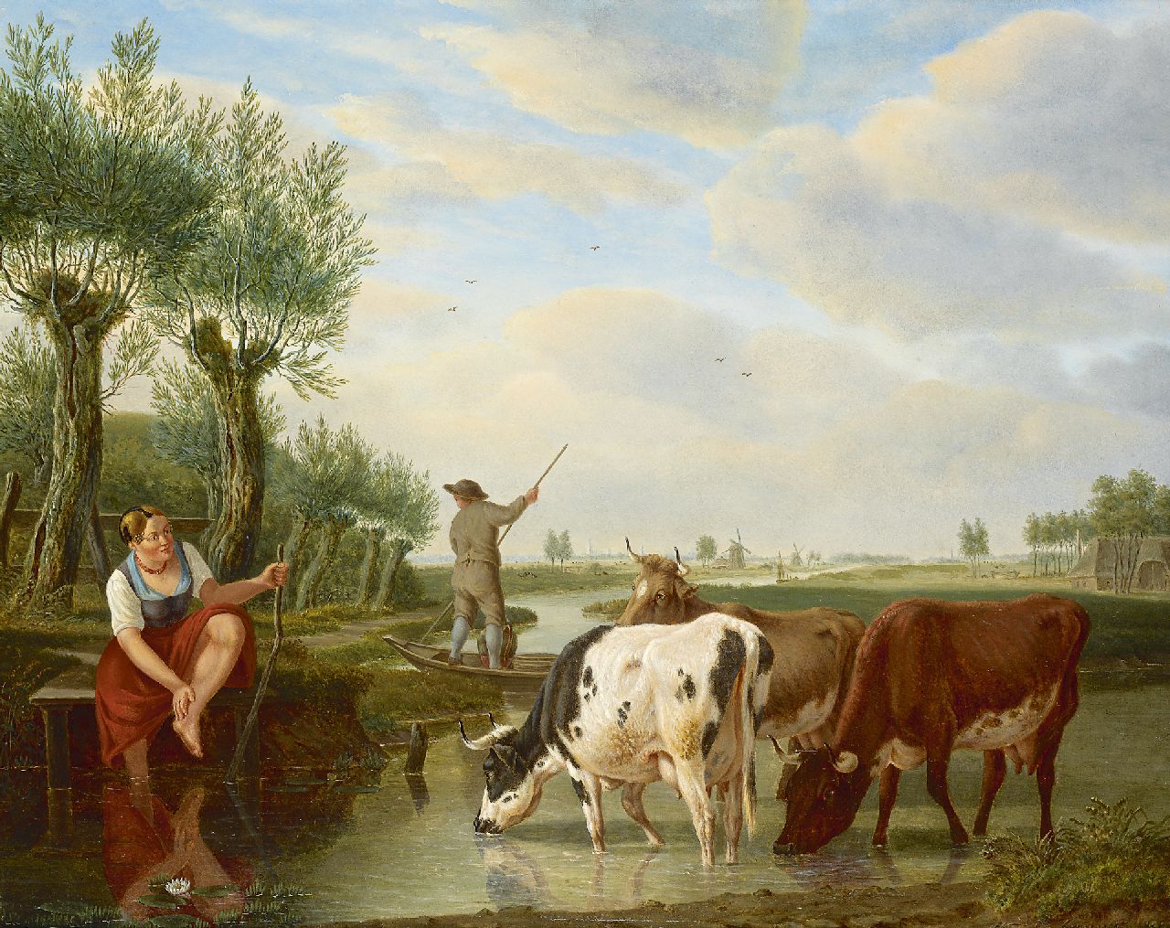 Kuytenbrouwer M.A.  | Martinus Antonius Kuytenbrouwer | Schilderijen te koop aangeboden | Veerman en herderin in Hollands rivierlandschap, olieverf op paneel 38,8 x 47,3 cm, gesigneerd rechtsonder
