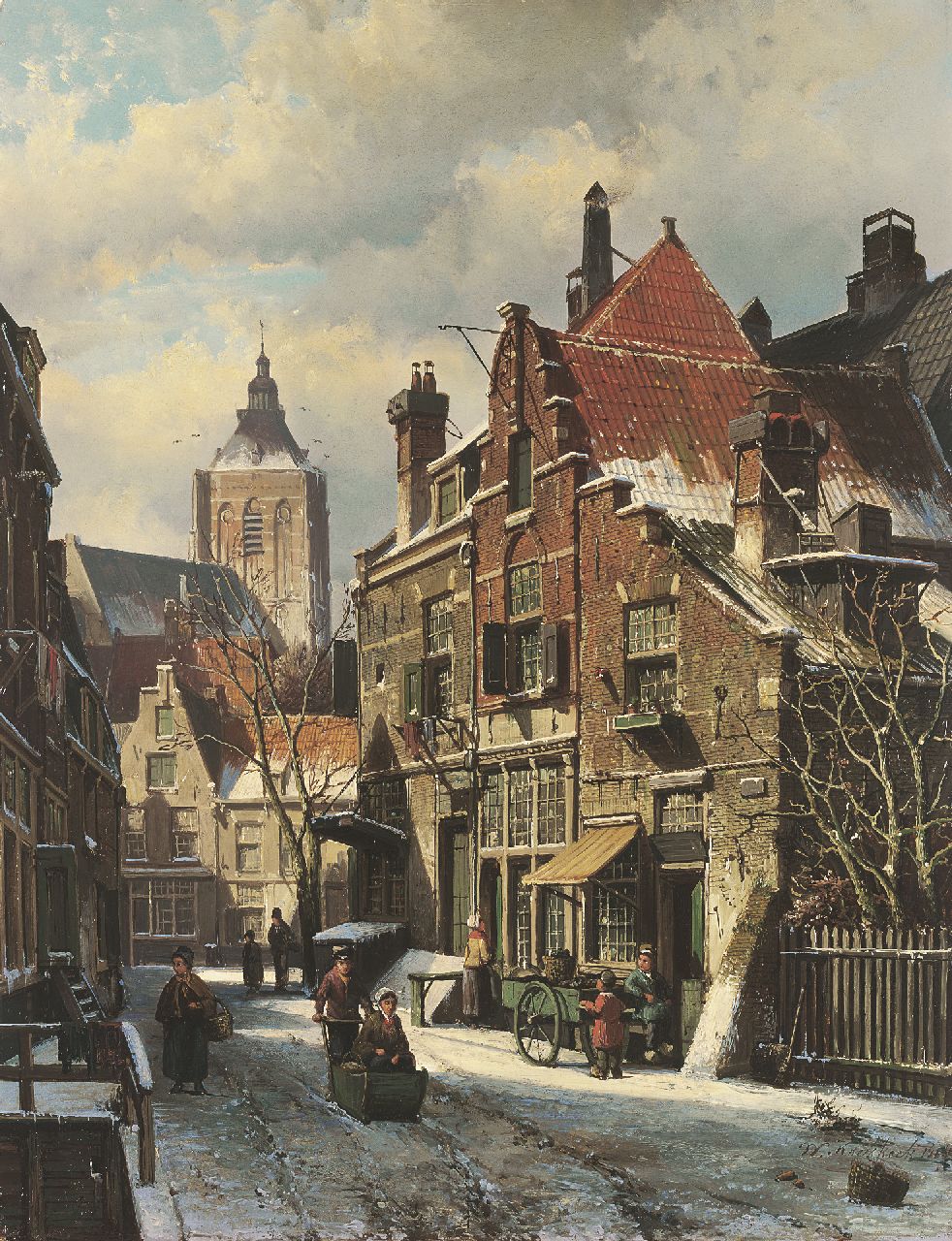 Koekkoek W.  | Willem Koekkoek, Besneeuwde stad, olieverf op paneel 46,3 x 35,4 cm, gesigneerd rechtsonder en gedateerd 1868