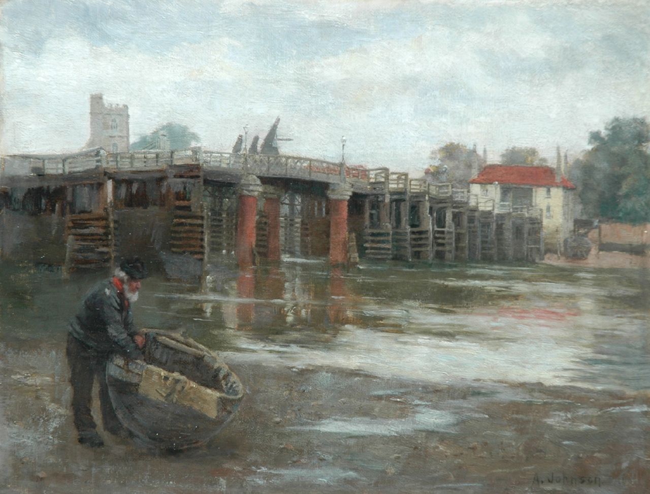 Johnson A.  | Alfred Johnson, De oude brug, Putney, olieverf op doek op paneel 26,4 x 34,3 cm, gesigneerd rechtsonder