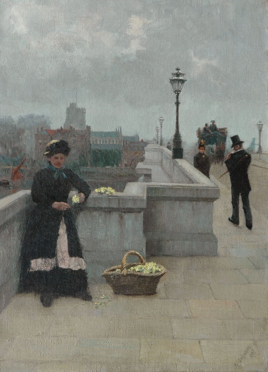 Johnson A.  | Alfred Johnson, Bloemenverkoopster op Putney Bridge, Londen, olieverf op doek 45,7 x 33,1 cm, gesigneerd rechtsonder en gedateerd 1887
