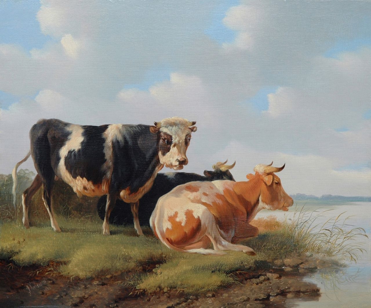 Verhoesen A.  | Albertus Verhoesen, Stier en koeien bij het water, olieverf op paneel 27,9 x 33,7 cm, gesigneerd linksonder en gedateerd 1856