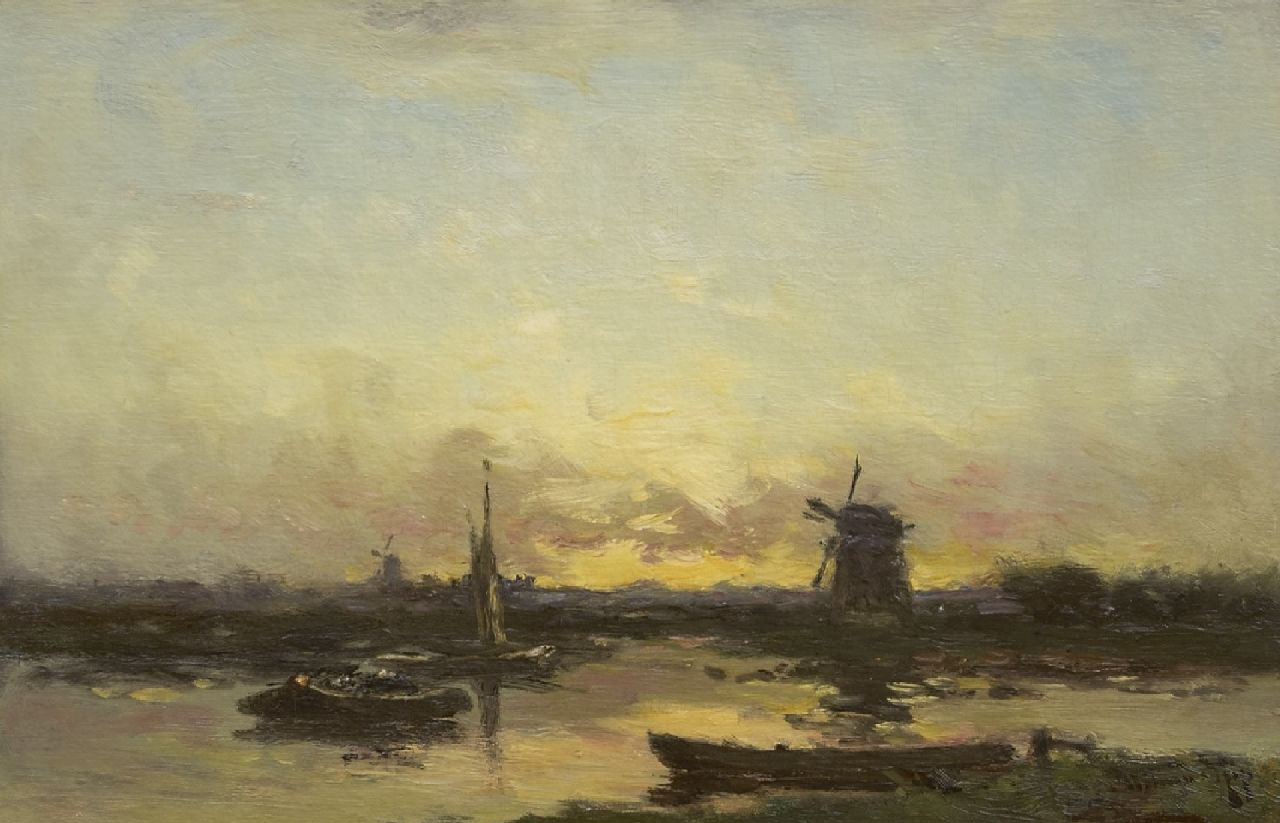 Rip W.C.  | 'Willem' Cornelis Rip | Schilderijen te koop aangeboden | Poldermolens en schuiten bij zonsondergang, olieverf op doek 36,9 x 55,5 cm, gesigneerd rechtsonder