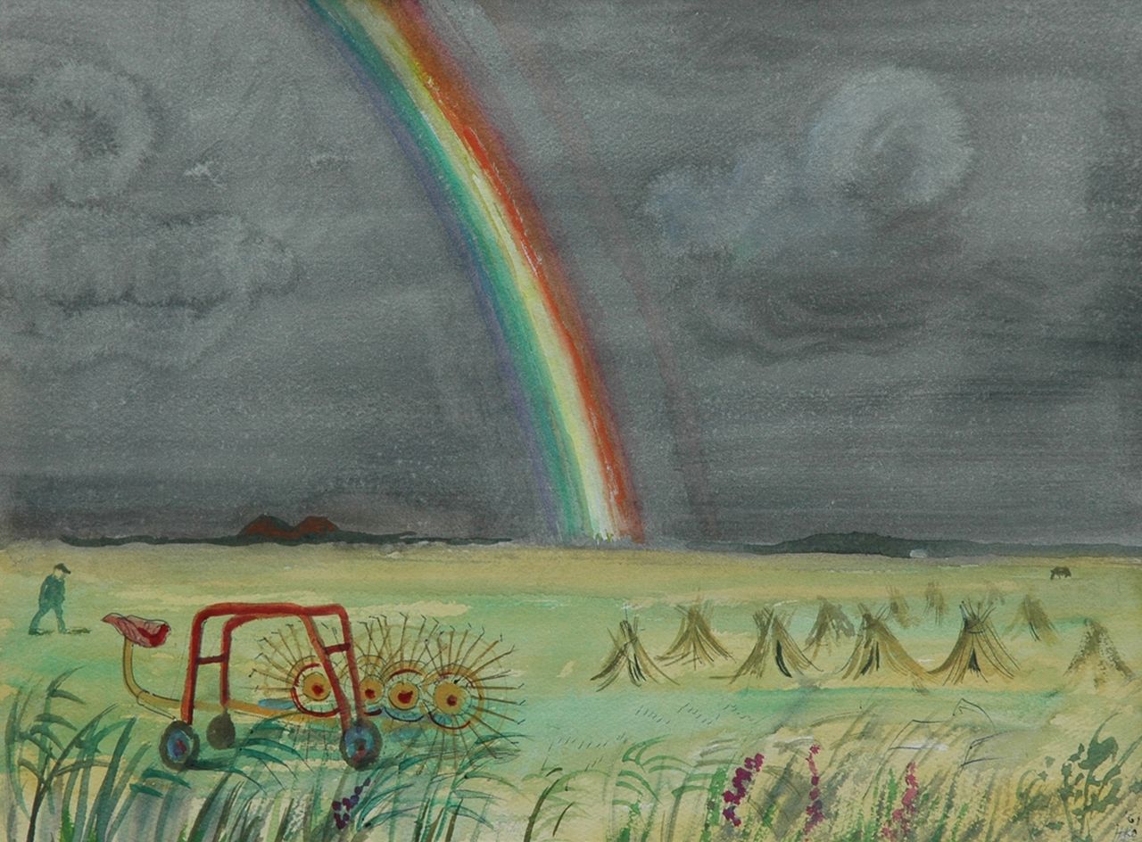 Kamerlingh Onnes H.H.  | 'Harm' Henrick Kamerlingh Onnes, Regenboog op Terschelling, aquarel op papier 27,8 x 37,6 cm, gesigneerd rechtsonder met monogram en gedateerd '61