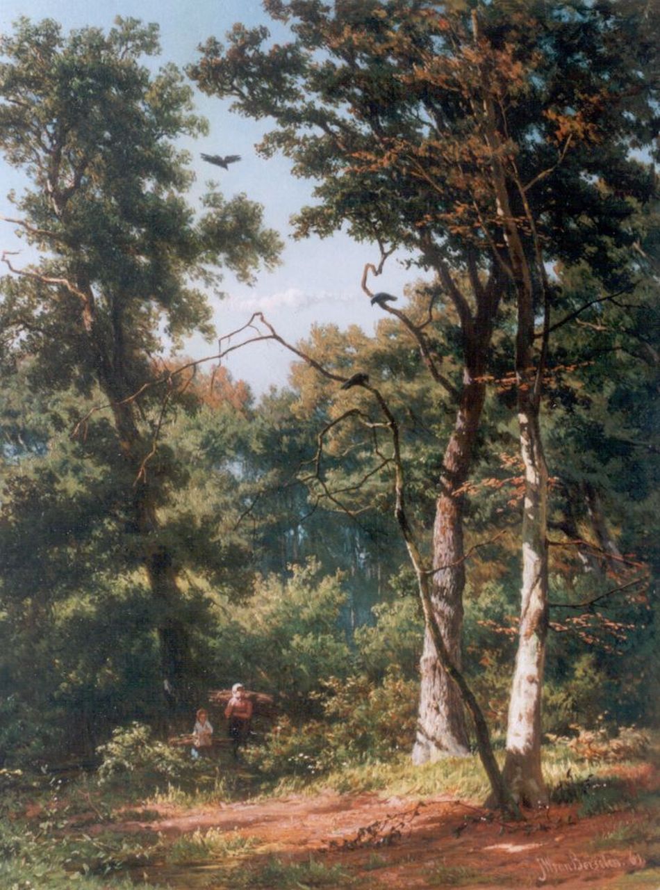 Borselen J.W. van | Jan Willem van Borselen, Sprokkelaars op een open plek in het bos, olieverf op paneel 38,7 x 29,9 cm, gesigneerd rechtsonder en gedateerd '66