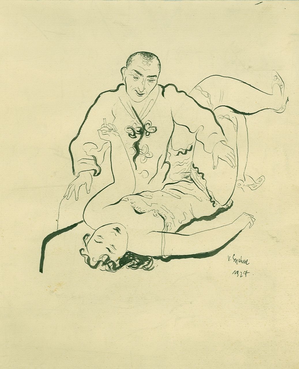 Sychra V.  | Vladimir Sychra | Aquarellen en tekeningen te koop aangeboden | Vrijend paar, pen en inkt op papier 25,0 x 23,6 cm, gesigneerd rechtsonder en gedateerd 1927