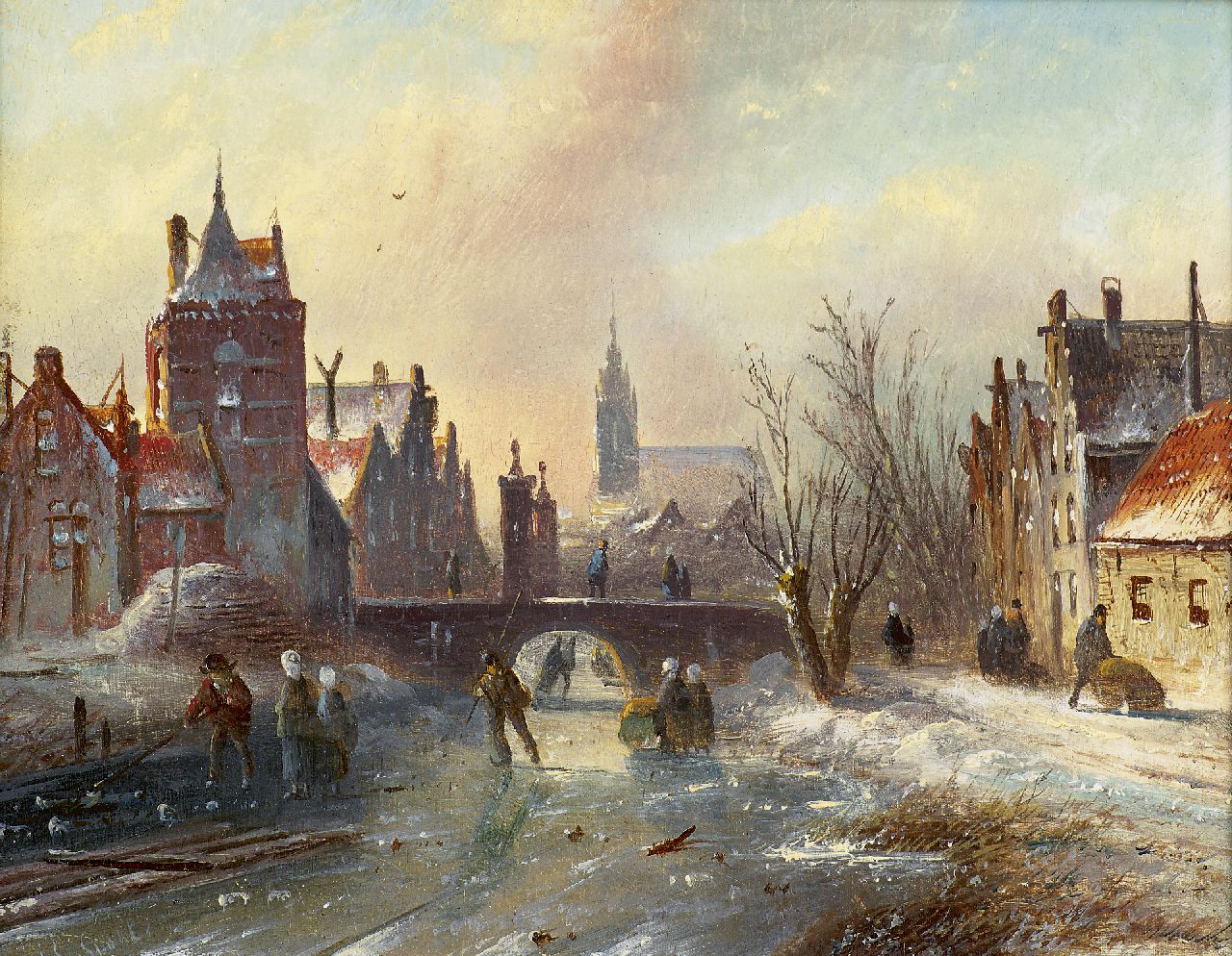 Spohler J.J.C.  | Jacob Jan Coenraad Spohler, Winterse stadsgracht met schaatsers, olieverf op paneel 16,0 x 21,0 cm, gesigneerd linksonder