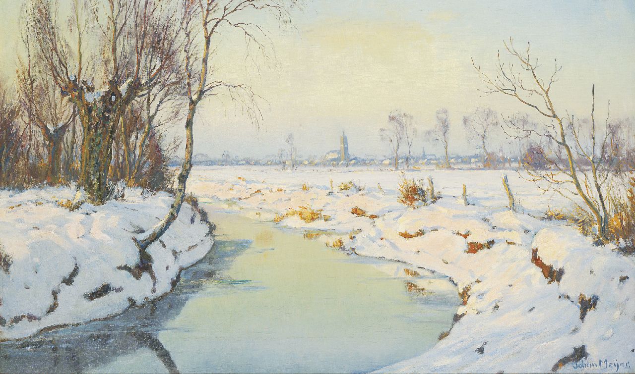 Meijer J.  | Johannes 'Johan' Meijer, Zonnige winterdag bij Blaricum, olieverf op doek 61,4 x 101,1 cm, gesigneerd rechtsonder