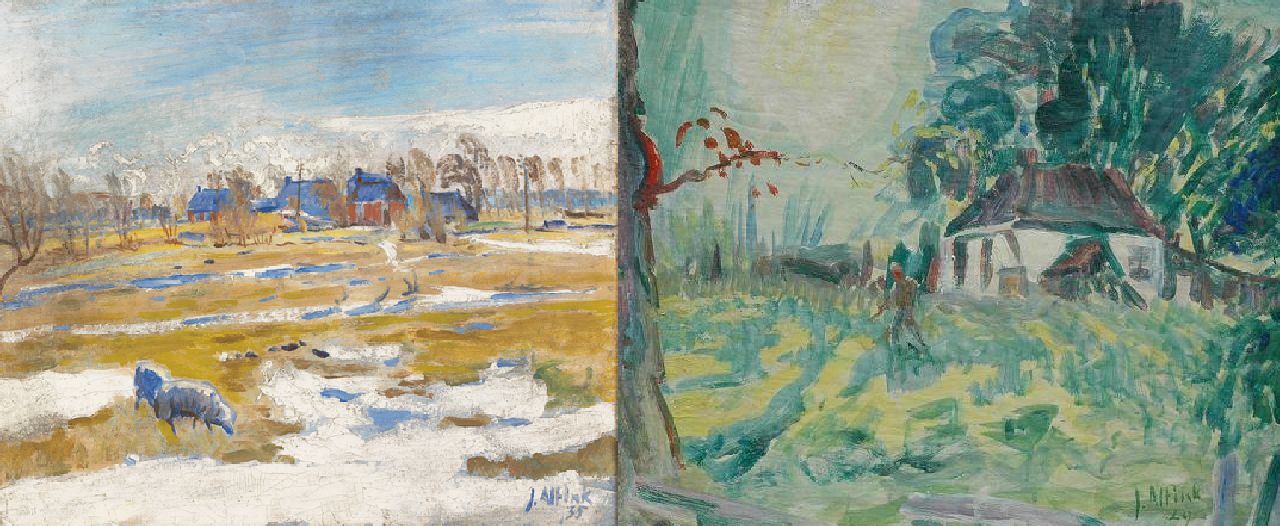 Altink J.  | Jan Altink, Winterlandschap met boerderijen; verso: boer op erf (wasverf), olieverf op doek 51,8 x 60,5 cm, gesigneerd rechtsonder en gedateerd '35