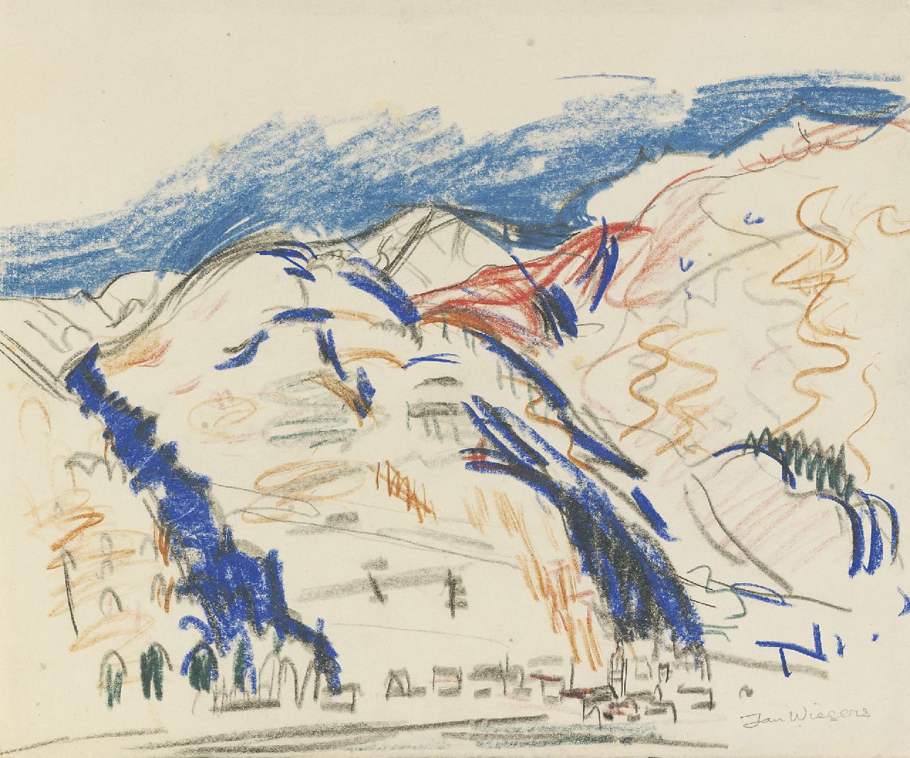 Wiegers J.  | Jan Wiegers, Berglandschap omgeving Davos, zwart krijt, kleurpotlood en waskrijt op papier 23,7 x 28,5 cm, gesigneerd rechtsonder