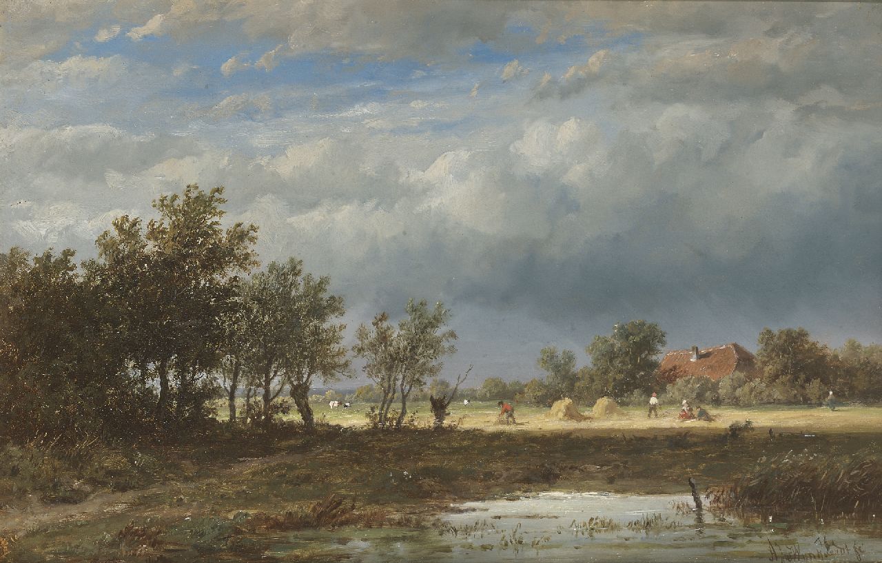 Wijngaerdt A.J. van | Anthonie Jacobus van Wijngaerdt, Hooiend landvolk bij naderende regenbui, olieverf op paneel 23,7 x 36,5 cm, gesigneerd rechtsonder