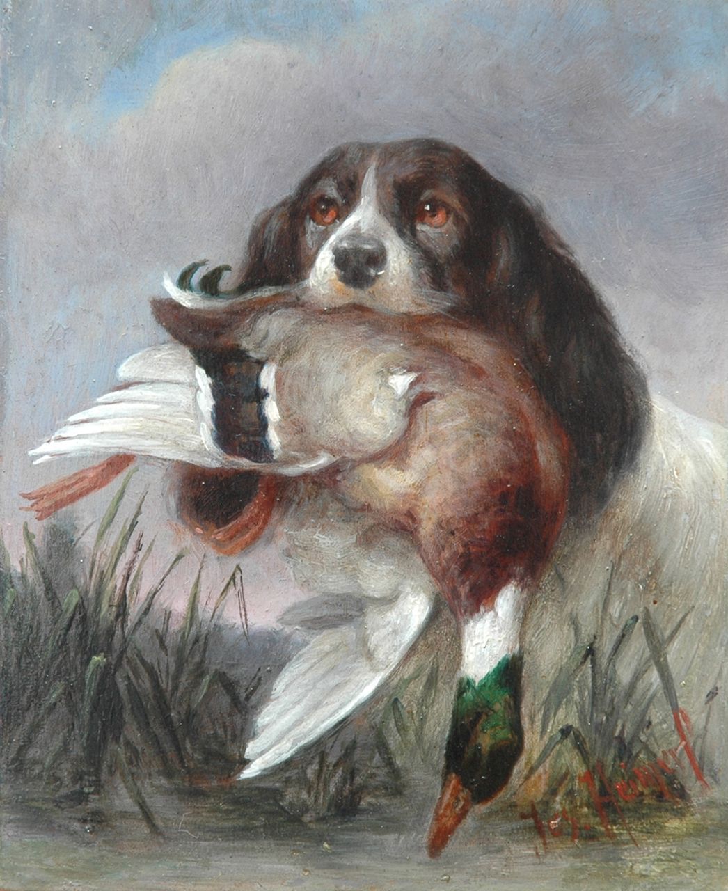 Heimerl J.  | Josef Heimerl, Engelse Springer Spaniel met buit, olieverf op paneel 15,9 x 13,0 cm, gesigneerd rechtsonder