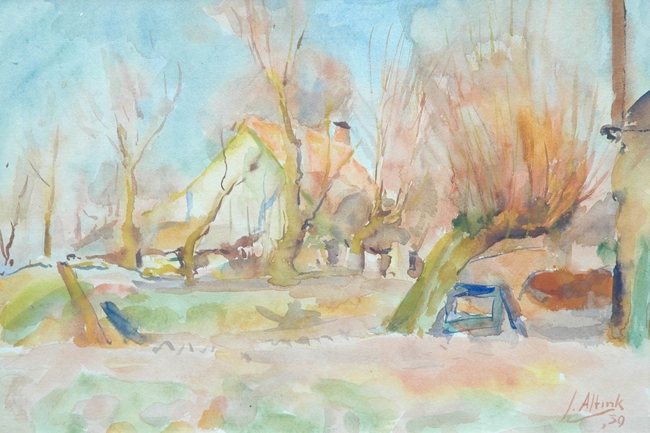 Altink J.  | Jan Altink, Boerenhuis achter bomen, aquarel op papier 31,5 x 44,0 cm, gesigneerd rechtsonder en gedateerd '39