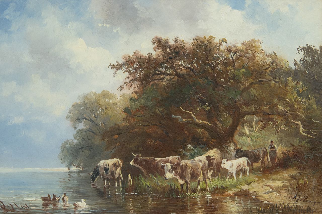 Prooijen A.J. van | Albert Jurardus van Prooijen | Schilderijen te koop aangeboden | Herderin met koeien langs de oever van een rivier, olieverf op paneel 19,7 x 29,1 cm, gesigneerd rechtsonder
