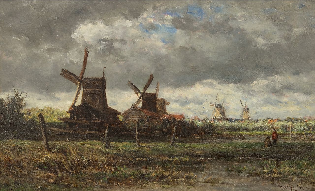 Roelofs W.  | Willem Roelofs, Zaagmolens langs de Noordendijk bij Dordrecht., olieverf op paneel 28,7 x 47,6 cm, gesigneerd rechtsonder en te dateren ca. 1872-1875