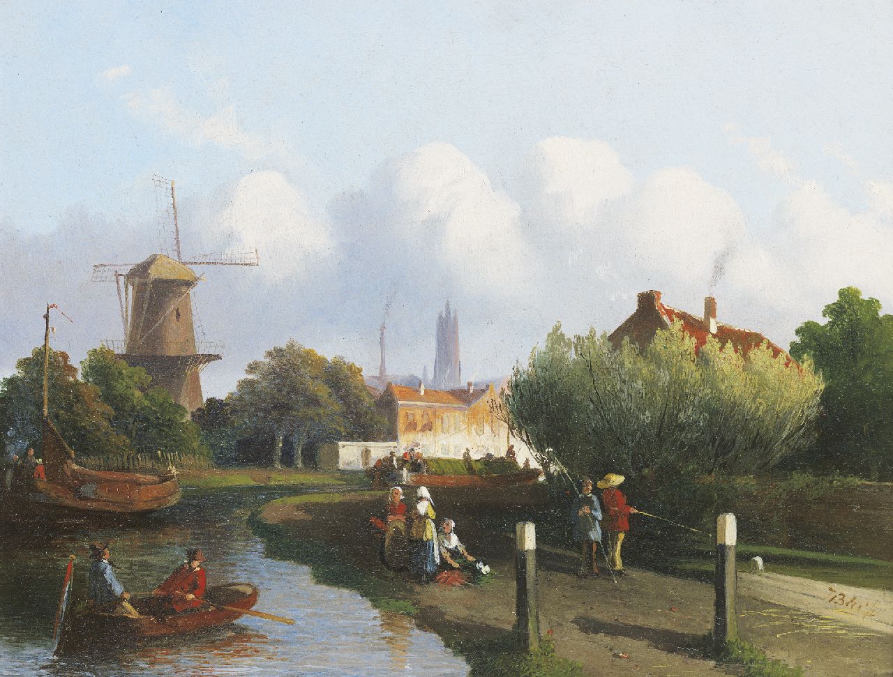 Bles J.  | Joseph Bles, Bedrijvigheid bij een Hollandse rivier, olieverf op paneel 20,7 x 26,1 cm, gesigneerd rechtsonder