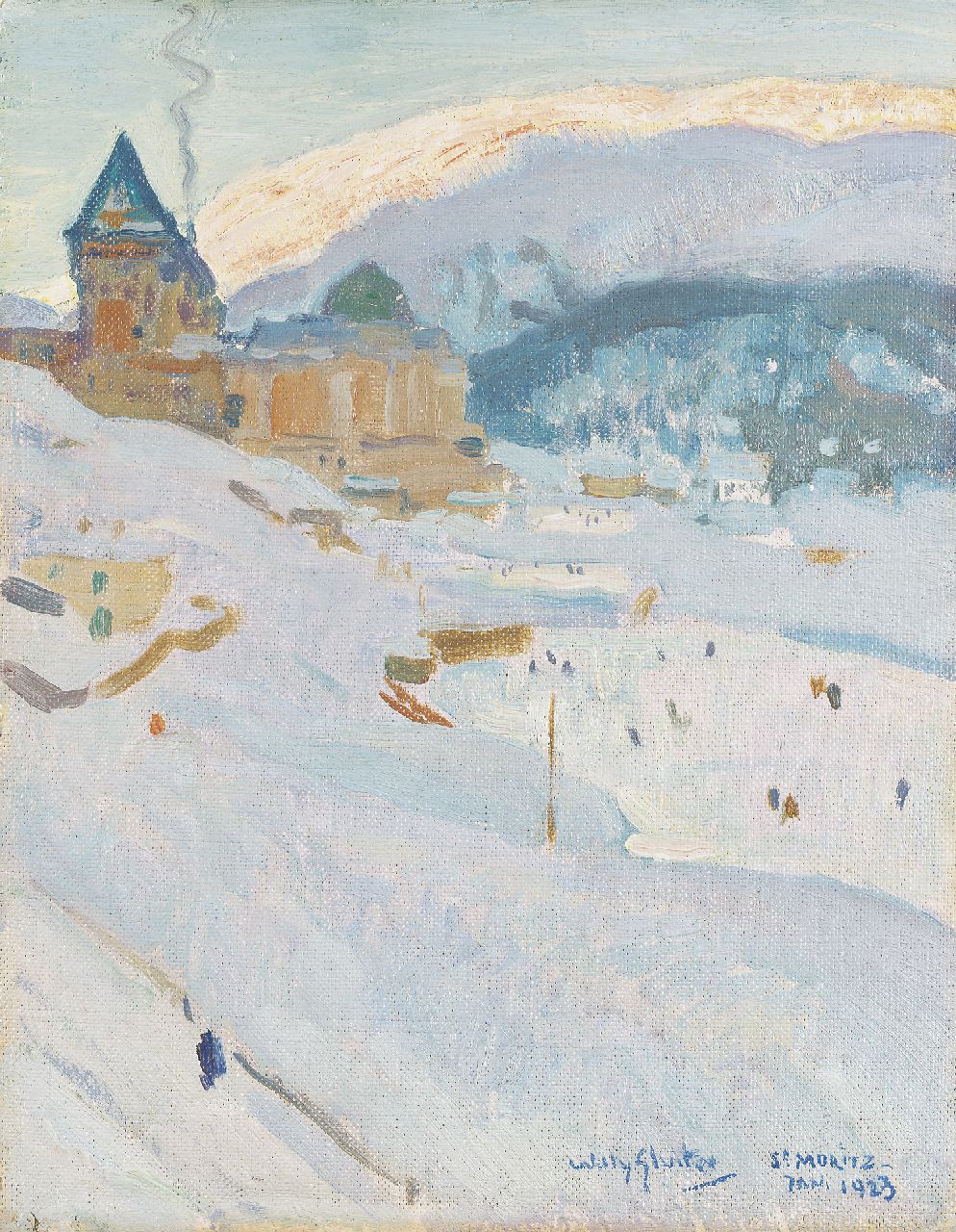 Sluiter J.W.  | Jan Willem 'Willy' Sluiter, St. Moritz in de winter, olieverf op schildersboard 34,8 x 26,9 cm, gesigneerd rechtsonder en gedateerd jan. 1923