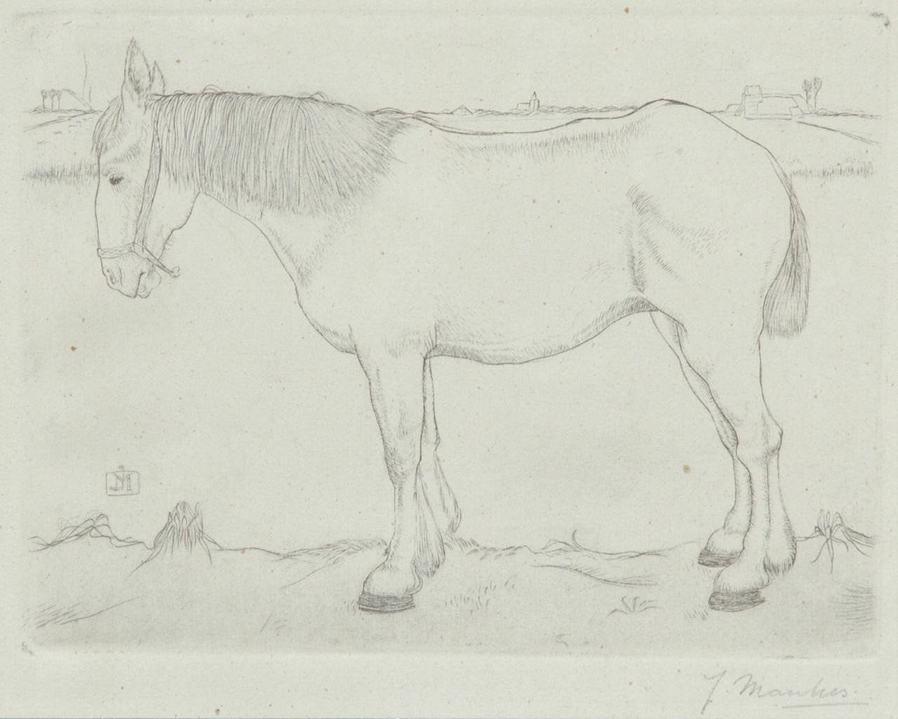 Mankes J.  | Jan Mankes, Staand paard, kopergravure op papier 11,8 x 15,8 cm, gesigneerd rechtsonder voluit en links van het midden met monogram (in ets)6 en te dateren 1917