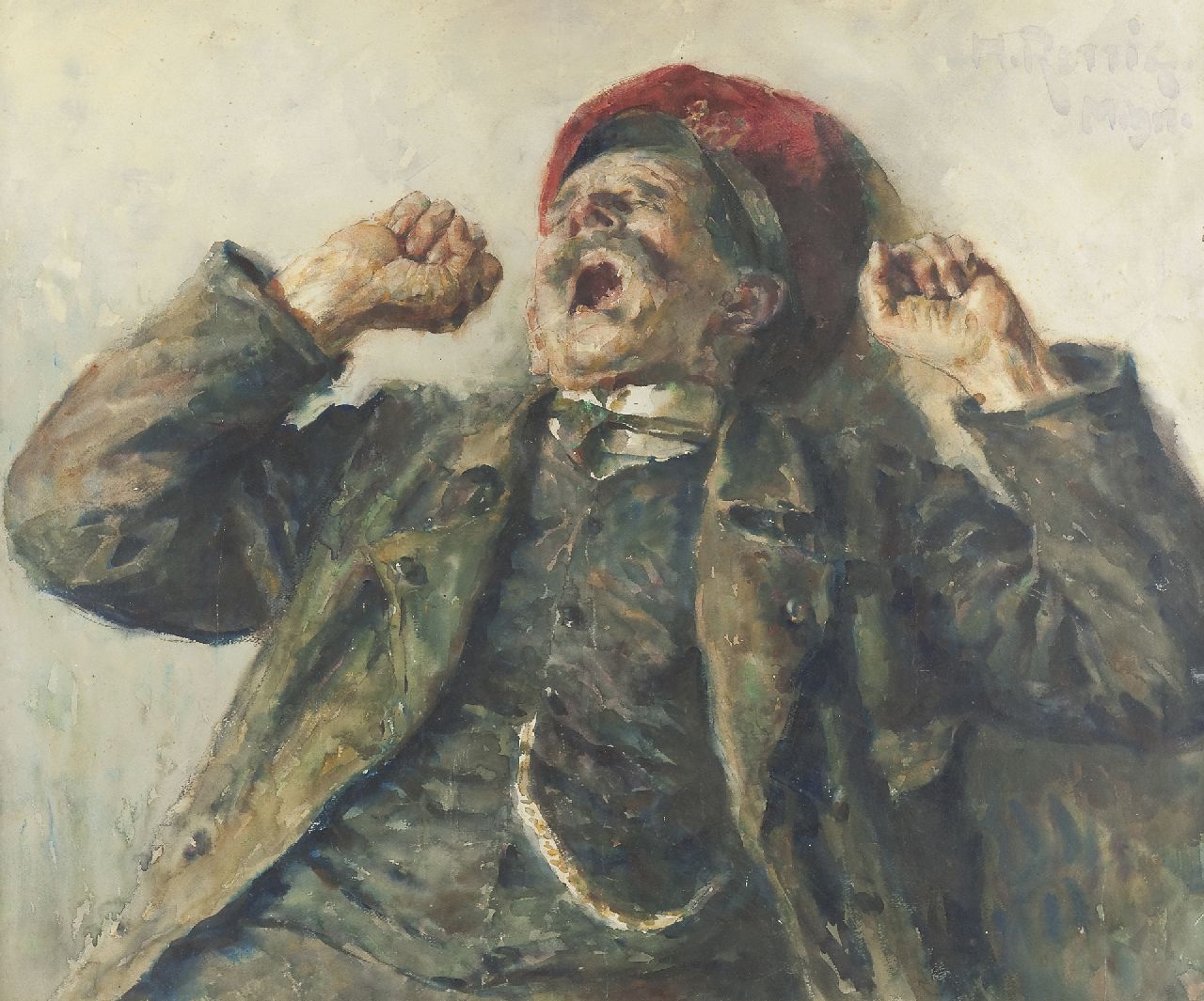 Rettig H.  | Heinrich Rettig, Gapende man, aquarel op papier 71,0 x 86,0 cm, gesigneerd rechtsboven