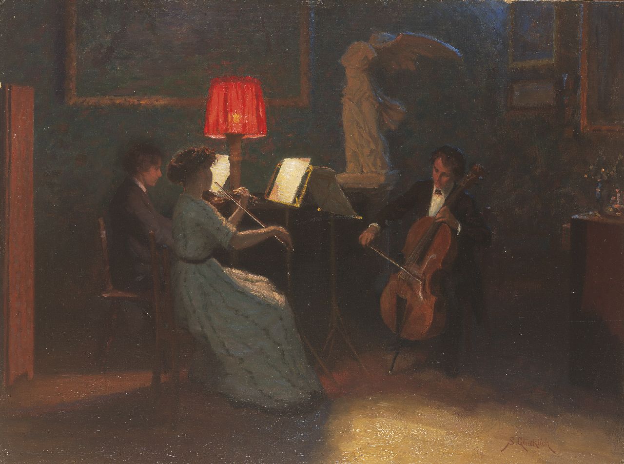 Simon Glücklich | Musicerend trio, olieverf op board, 46,0 x 63,3 cm, gesigneerd r.o.