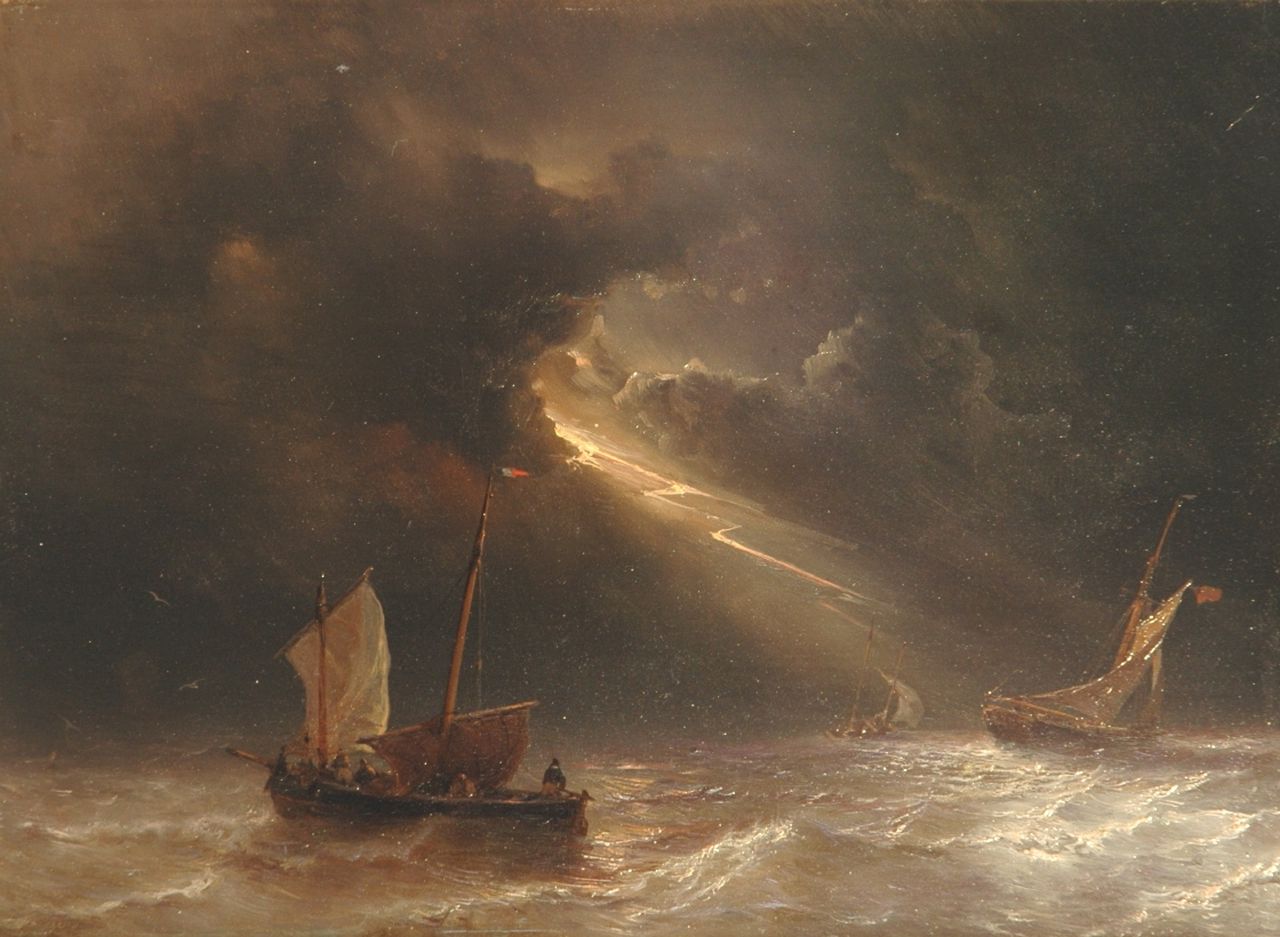 Meijer J.H.L.  | Johan Hendrik 'Louis' Meijer, Onweer op volle zee, olieverf op paneel 30,6 x 42,0 cm, gesigneerd linksonder