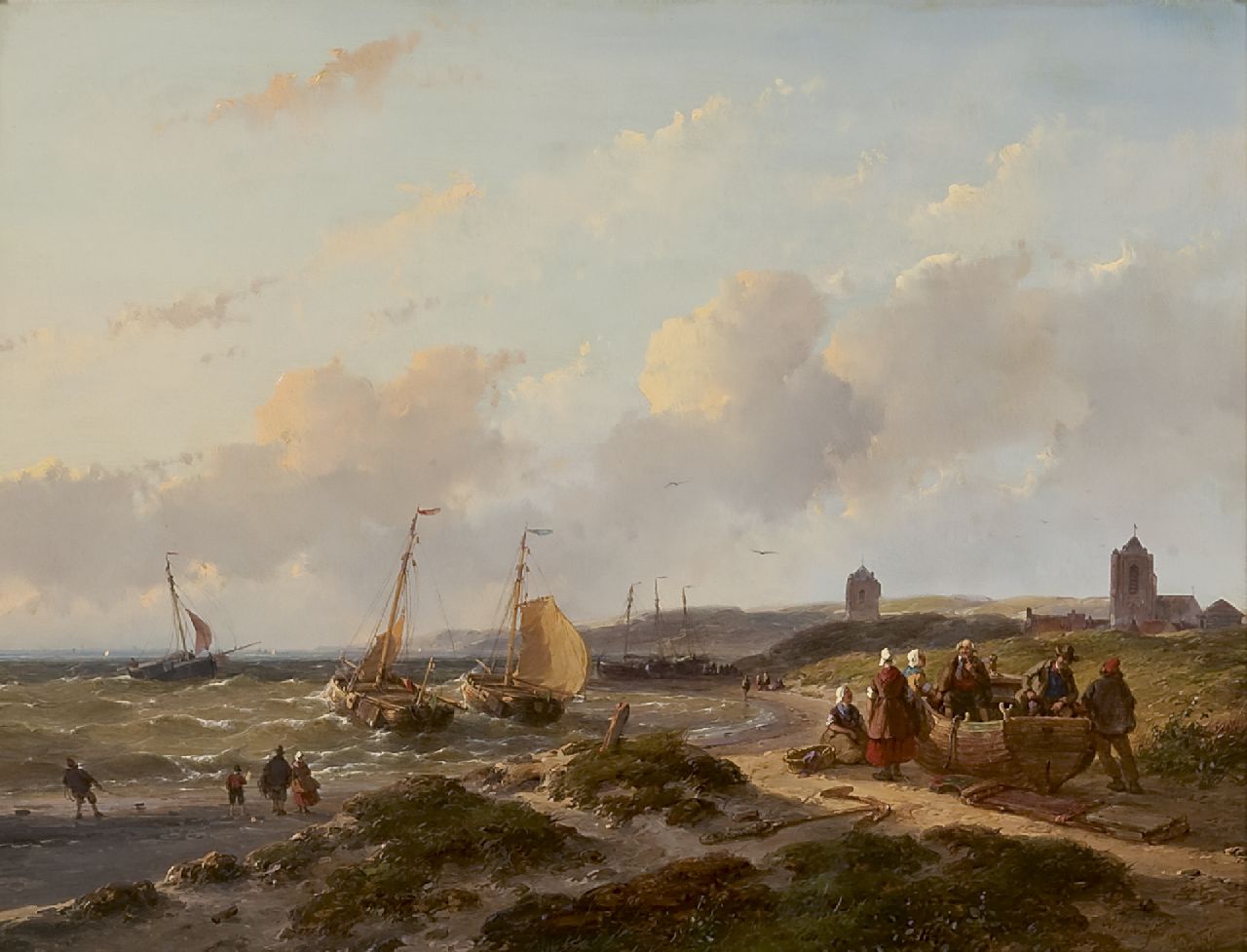 Schelfhout A.  | Andreas Schelfhout, Vissersschepen voor de kust van Katwijk, olieverf op paneel 33,5 x 44,0 cm, gesigneerd rechtsonder en gedateerd '57