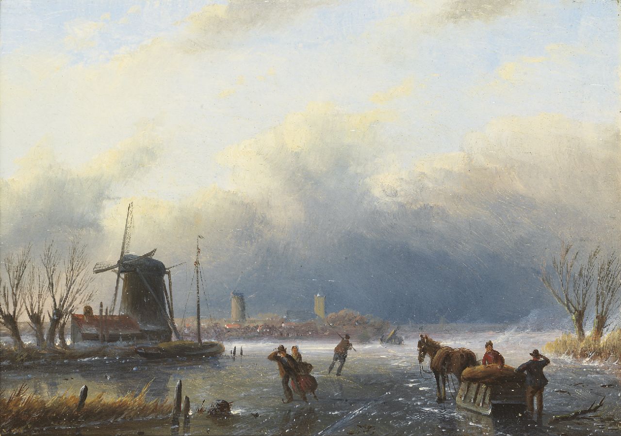 Spohler J.J.C.  | Jacob Jan Coenraad Spohler, Winterlandschap met schaatsers en paardenslee bij een molen (alleen tezamen met 11166), olieverf op paneel 15,4 x 21,1 cm