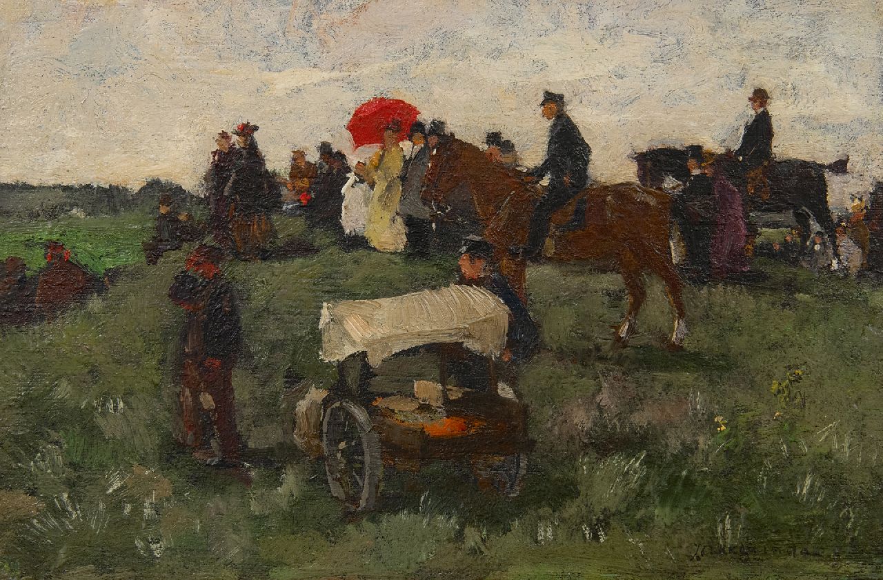 Johannes Evert Akkeringa | Bij de wedrennen te Clingendael, olieverf op paneel, 16,5 x 25,0 cm, gesigneerd r.o. en te dateren ca. 1898