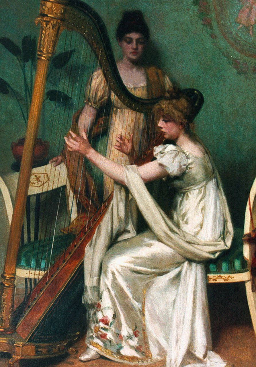 Wandscheer M.W.  | Maria Wilhelmina 'Marie' Wandscheer, De harpiste, olieverf op paneel 44,5 x 30,4 cm, gesigneerd linksonder