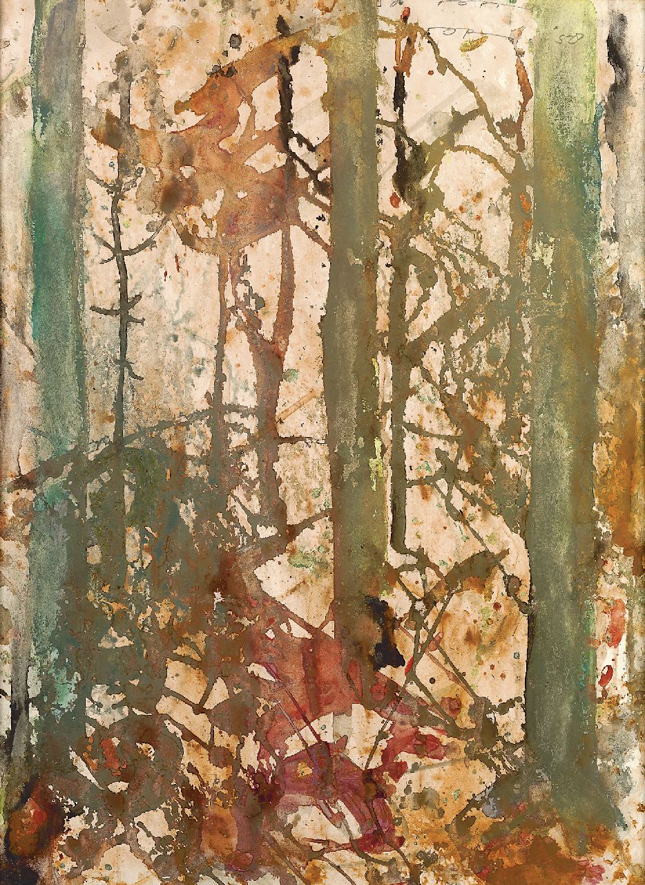 Jordens J.G.  | 'Jan' Gerrit Jordens, Sparren, aquarel op papier 64,2 x 47,6 cm, gesigneerd rechtsboven (tweemaal) en gedateerd '58
