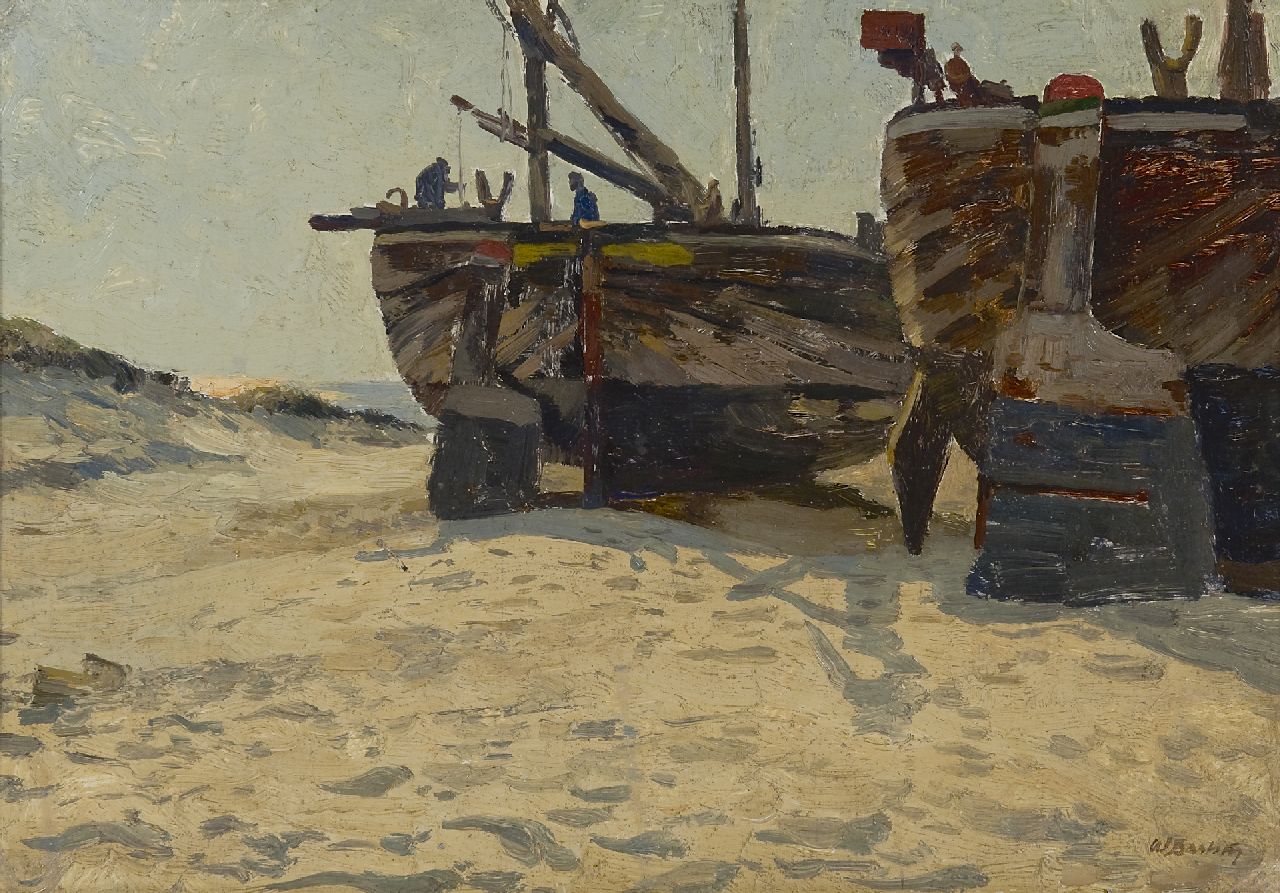 Bartsch W.  | Wilhelm Bartsch | Schilderijen te koop aangeboden | Bomschuiten op het strand, olieverf op doek op karton 34,3 x 49,1 cm, gesigneerd rechtsonder