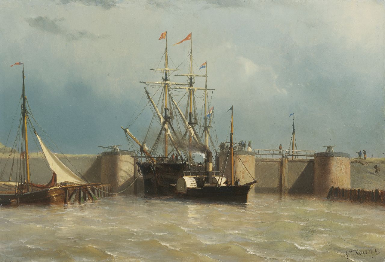 Kiers G.L.  | George Lourens Kiers, Radersleepboot met clipper bij (vermoedelijk) de Willemsluis, Amsterdam, gezien vanaf het IJ, olieverf op paneel 26,9 x 39,1 cm, gesigneerd rechtsonder en gedateerd '60
