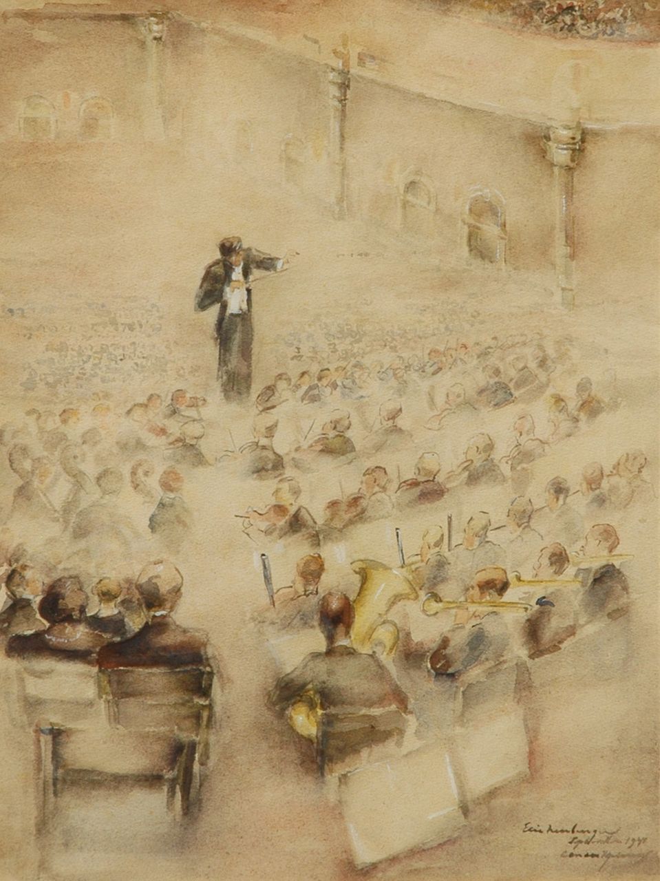Neuburger E.  | Eliazer 'Elie' Neuburger, In het concertgebouw, Amsterdam, aquarel op papier 40,0 x 30,0 cm, gesigneerd rechtsonder en gedateerd september 1941