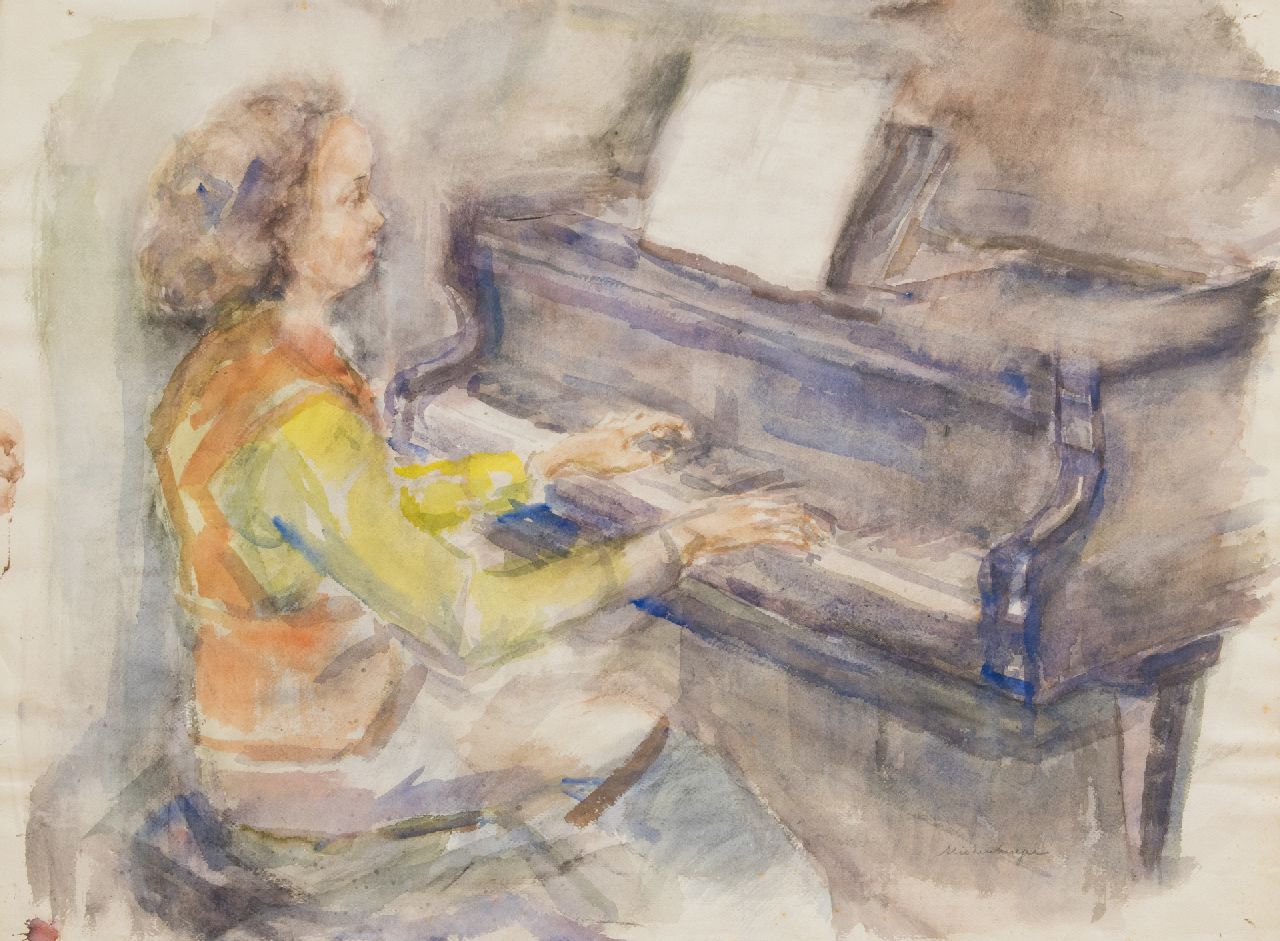 Elie Neuburger | Pianospelende vrouw, houtskool en aquarel op papier, 55,8 x 76,3 cm, gesigneerd r.o.