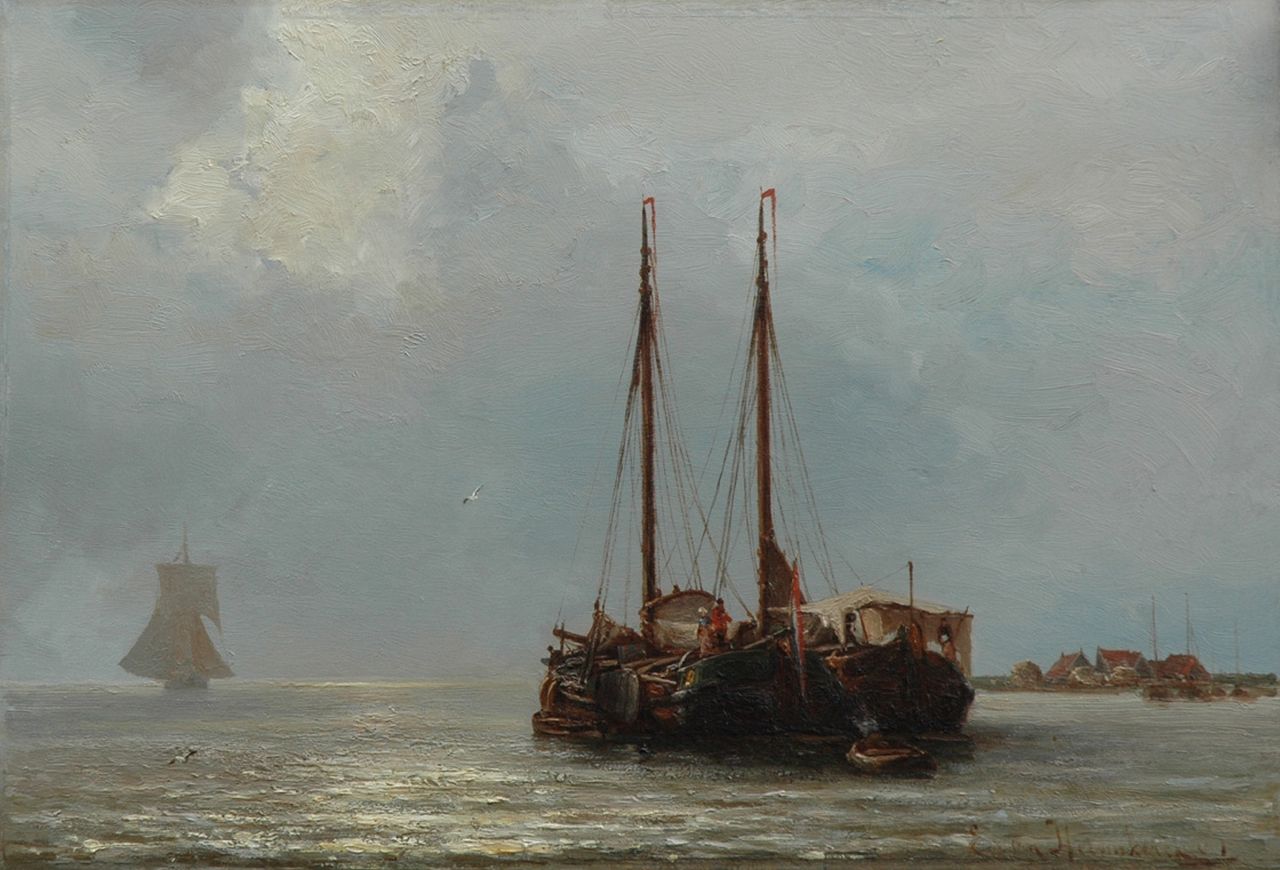 Heemskerck van Beest J.E. van | Jacob Eduard van Heemskerck van Beest, Voor anker bij de haveningang, olieverf op paneel 34,3 x 50,1 cm, gesigneerd rechtsonder