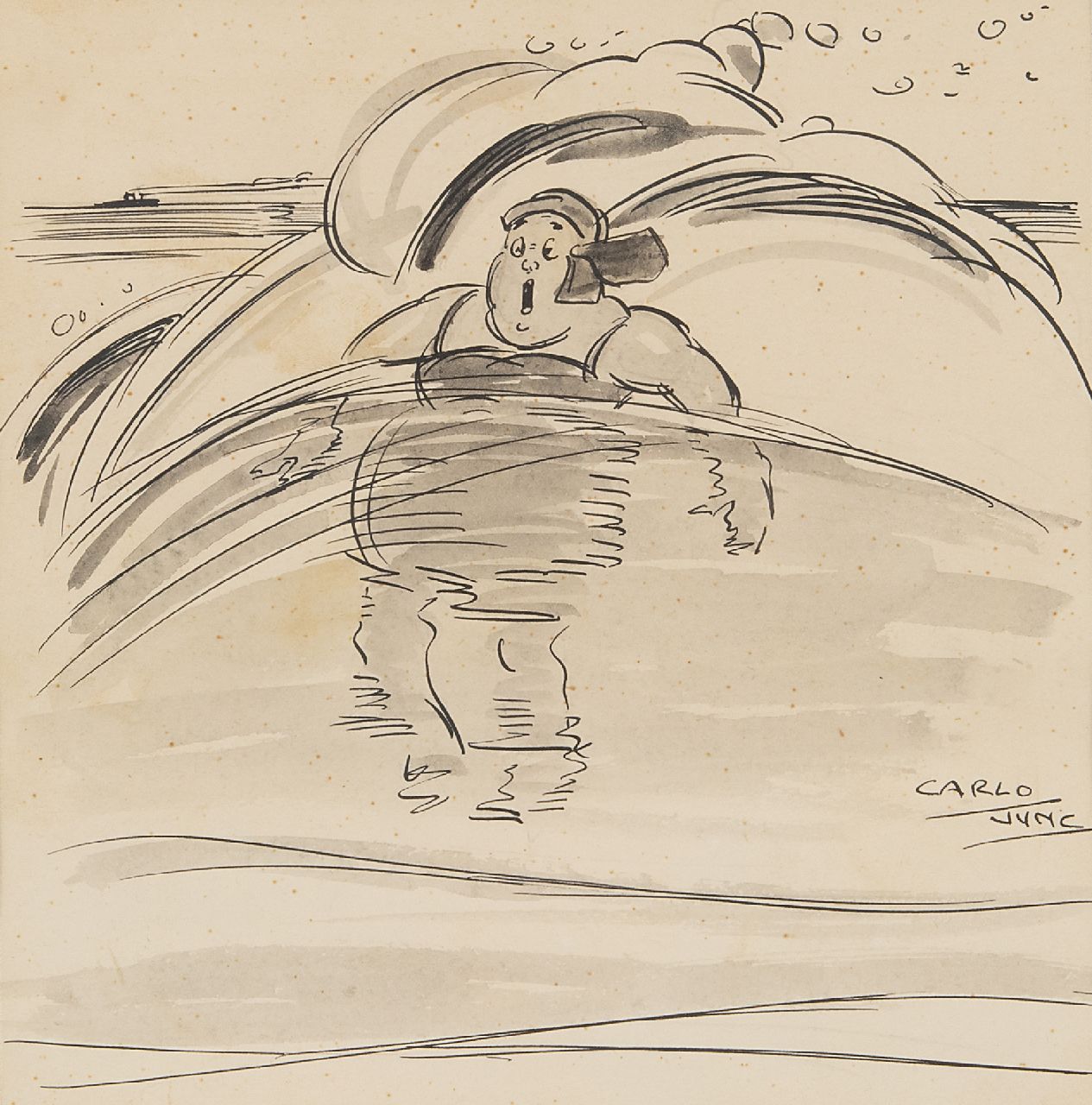 Jung C.H.  | Carel Hendrik 'Carlo' Jung | Aquarellen en tekeningen te koop aangeboden | De onverwachte golf, Oost-Indische inkt op papier 20,0 x 19,0 cm, gesigneerd rechtsonder