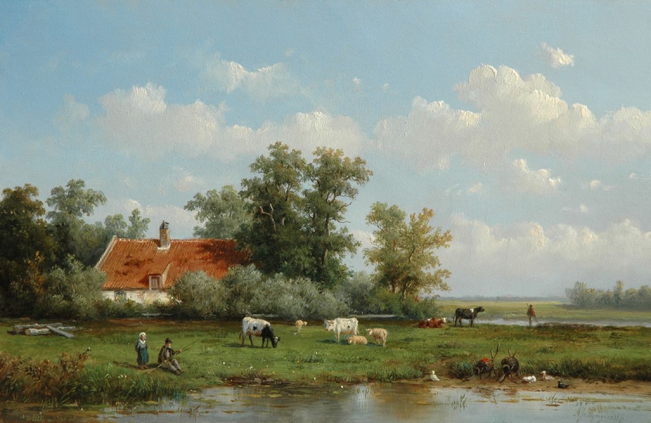 Wijngaerdt A.J. van | Anthonie Jacobus van Wijngaerdt, Vee en figuren in een polderlandschap, olieverf op paneel 24,1 x 36,8 cm, gesigneerd rechtsonder