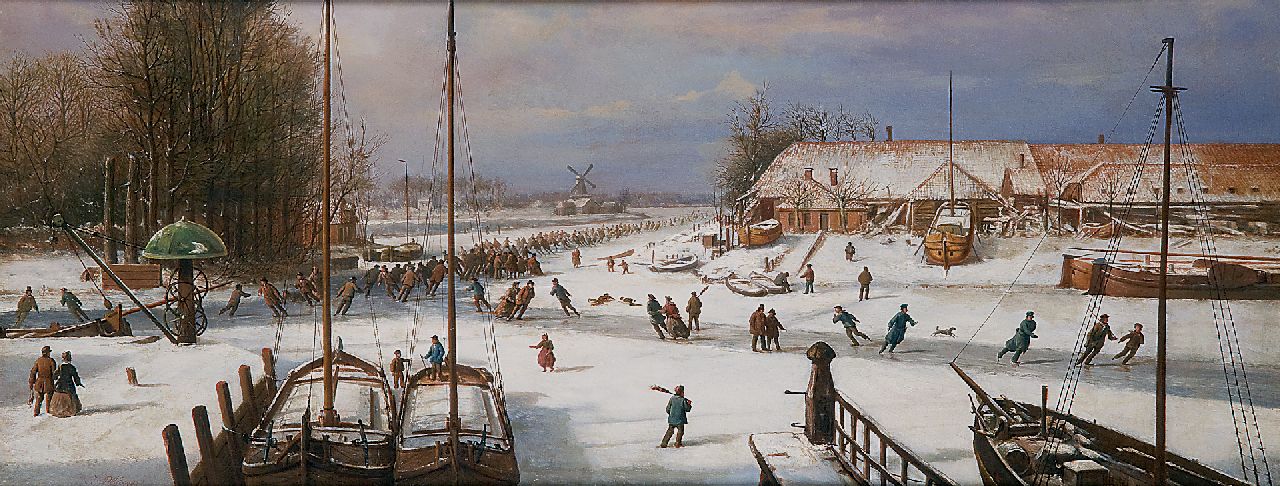 Jacob Plügger | Schaatsen op een bevroren rivier, olieverf op paneel, 40,5 x 104,0 cm, gesigneerd l.o.