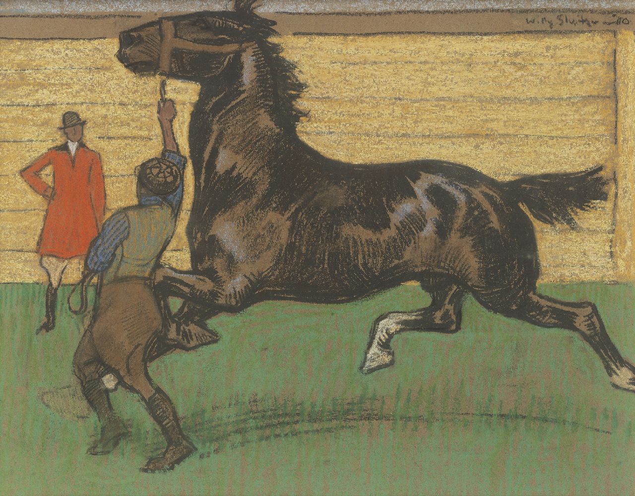 Sluiter J.W.  | Jan Willem 'Willy' Sluiter, Monsterknecht met tuigpaard, pastel op papier 30,5 x 39,5 cm, gesigneerd rechtsboven