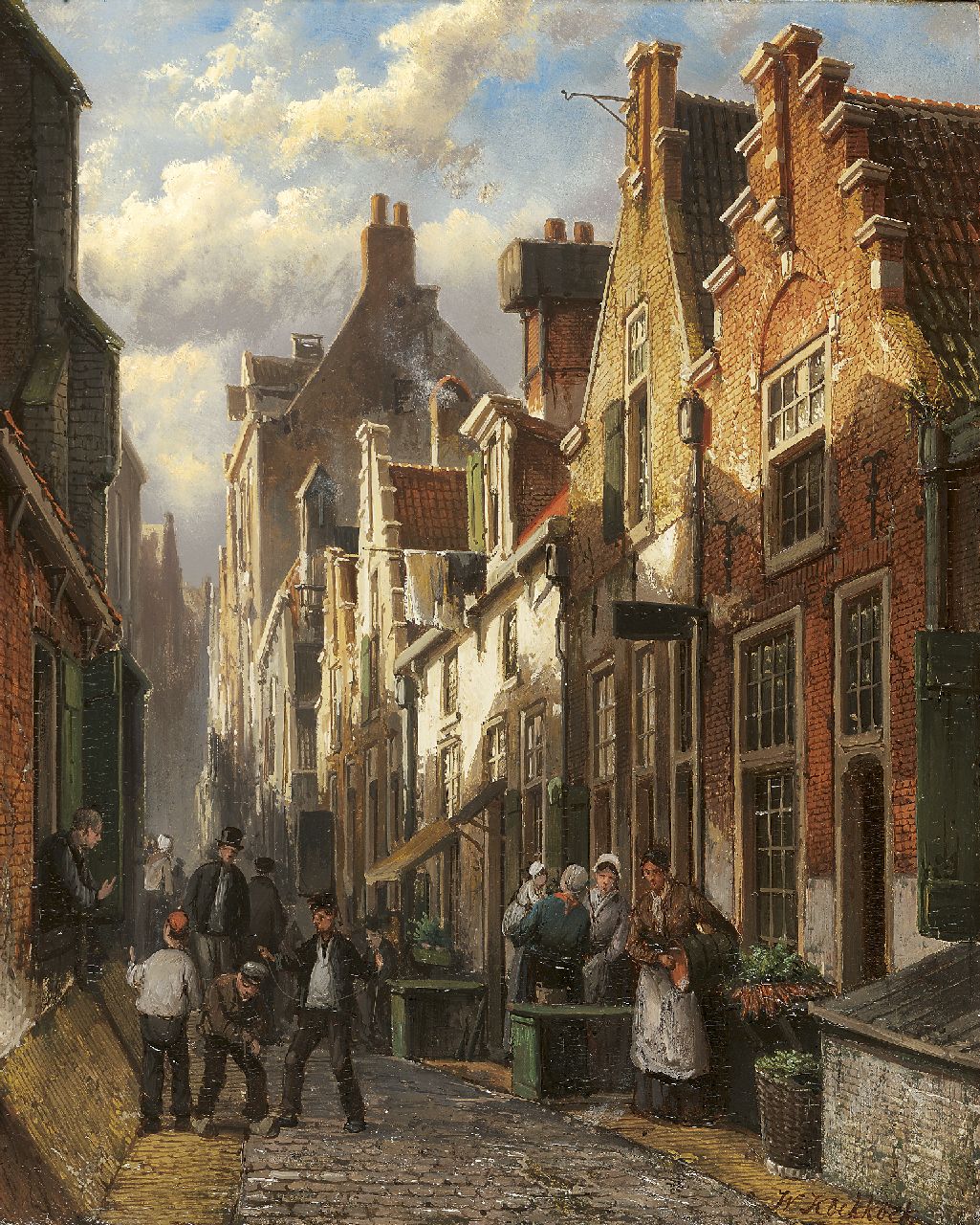 Koekkoek W.  | Willem Koekkoek, Drukbevolkt Hollands straatje bij namiddagzon, olieverf op paneel 35,2 x 27,8 cm, gesigneerd rechtsonder