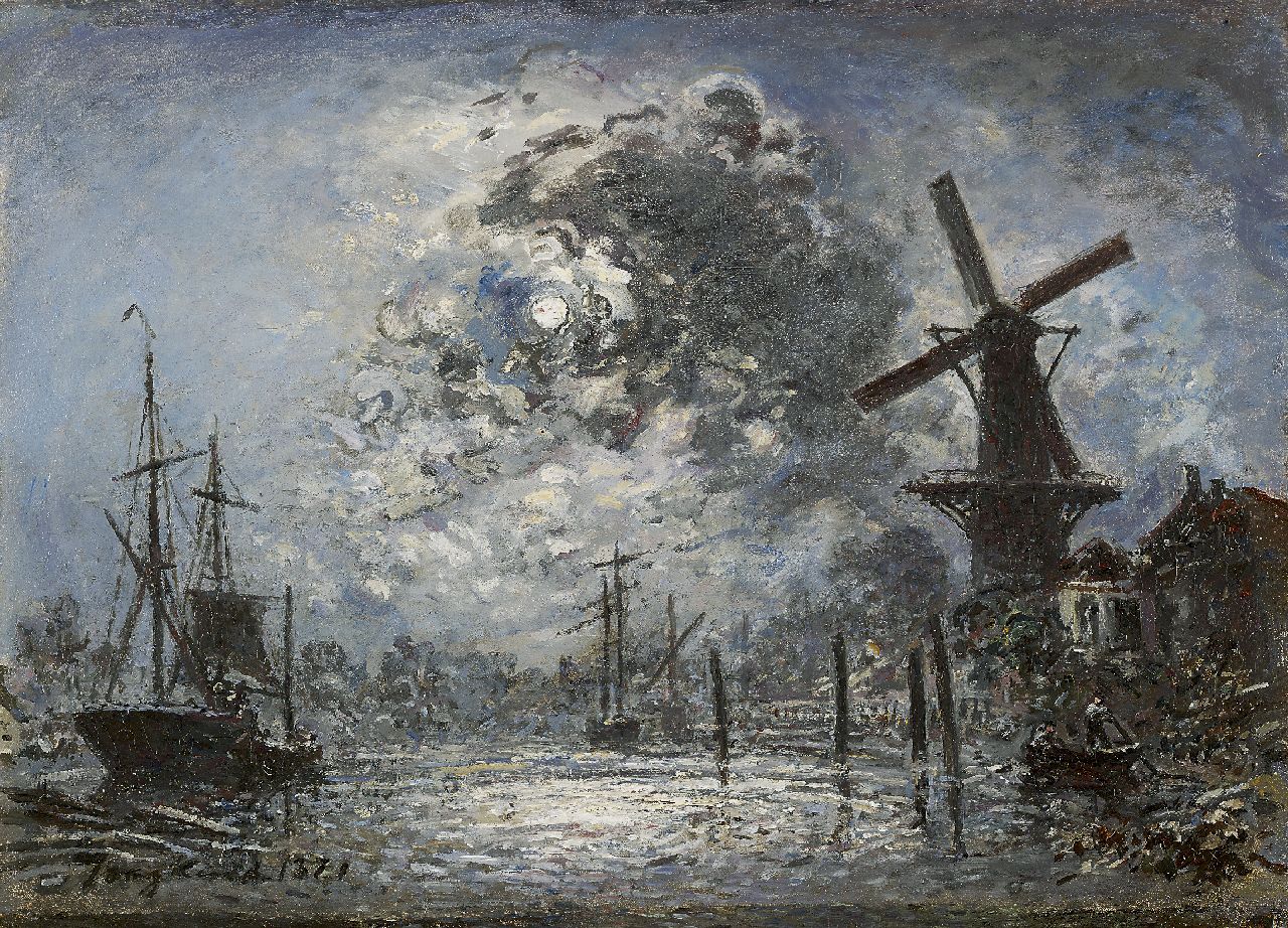 Jongkind J.B.  | Johan Barthold Jongkind, Clair de Lune, Oud Delfshaven, olieverf op doek 35,0 x 47,9 cm, gesigneerd linksonder en gedateerd 1871
