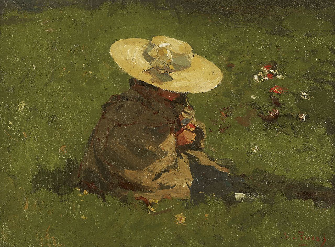 Zwart W.H.P.J. de | Wilhelmus Hendrikus Petrus Johannes 'Willem' de Zwart, Marietje, dochter van de schilder, in het gras, olieverf op doek op paneel 27,0 x 35,7 cm, gesigneerd rechtsonder en te dateren ca. 1895